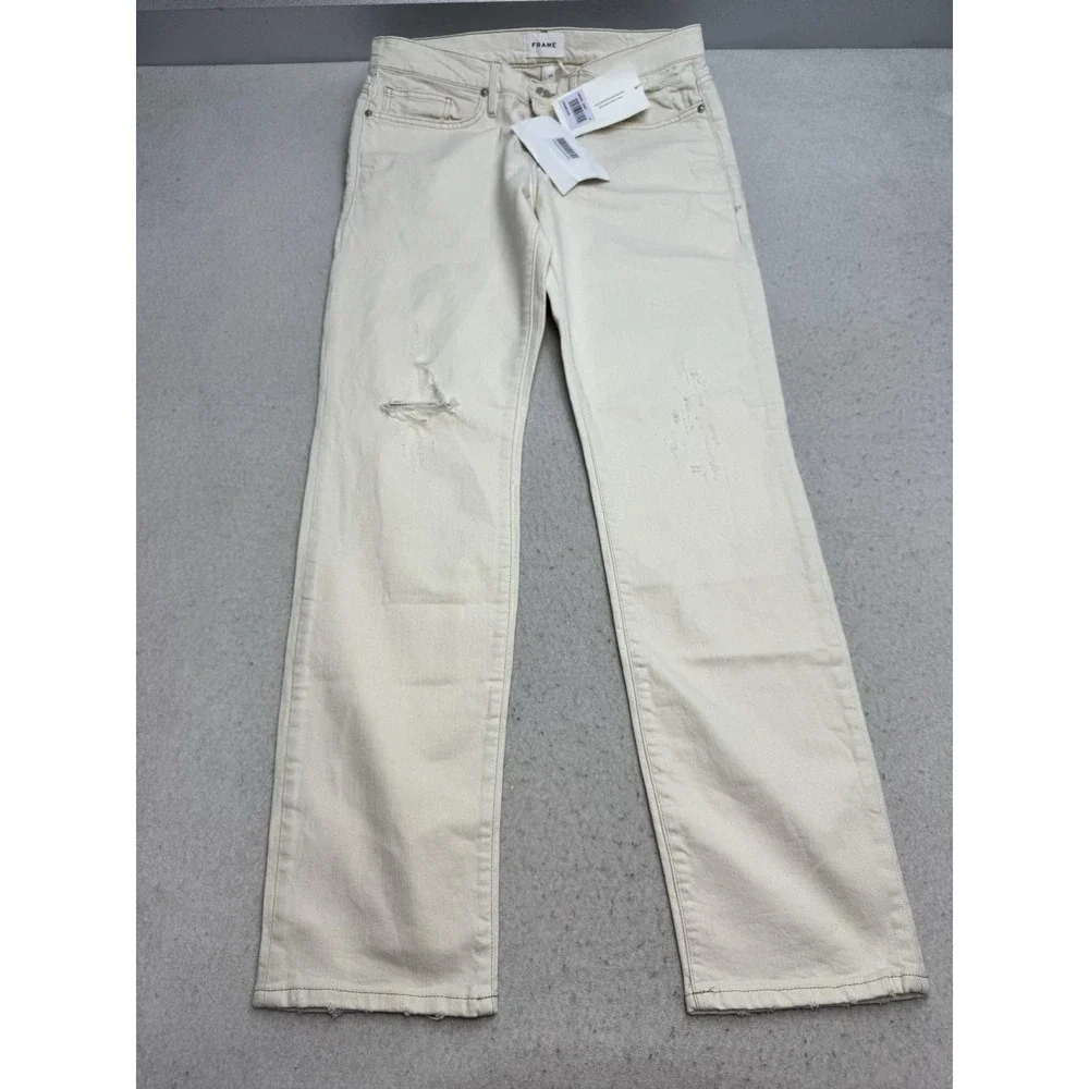 Frame L'Homme Slim Jeans Mens 33x31 Cream Distressed Stretch Light Wash Denim